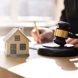 A miniature house and a gavel on a sunlit desk with a person writing in the background estate plan.